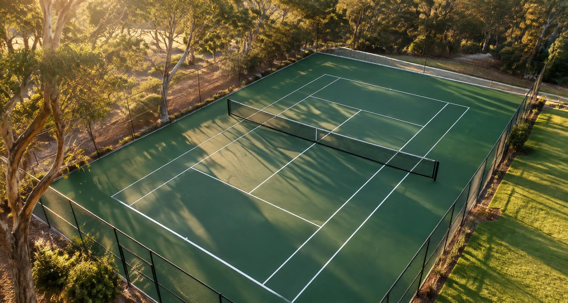 A freshly cleaned green tennis court at golden hour